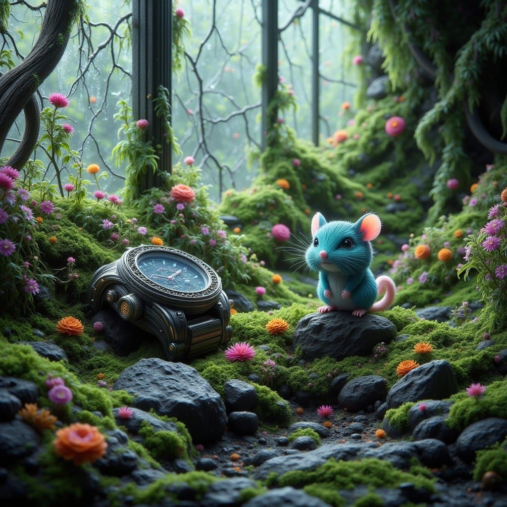 Digital Watch in Overgrown Greenhouse: Painterly Realism