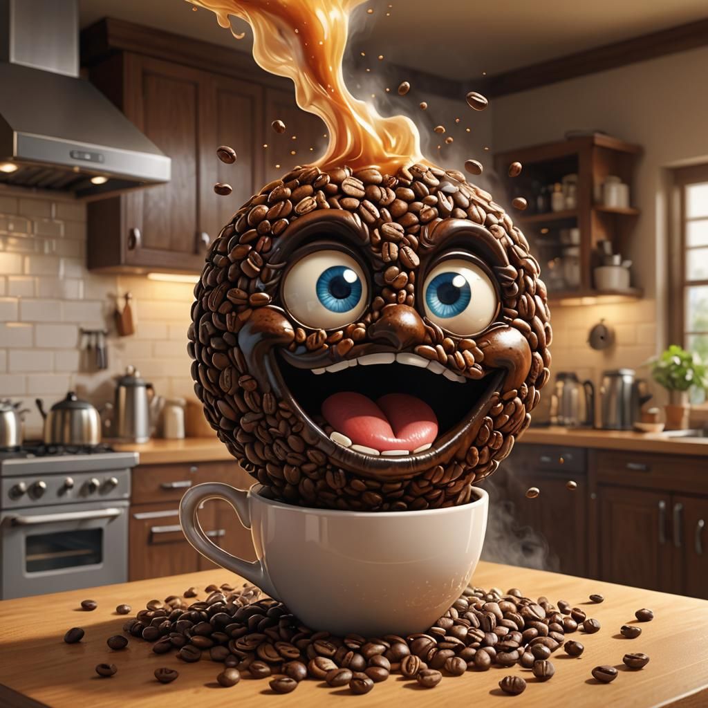 Anime Coffee Bean Coughing in Kitchen