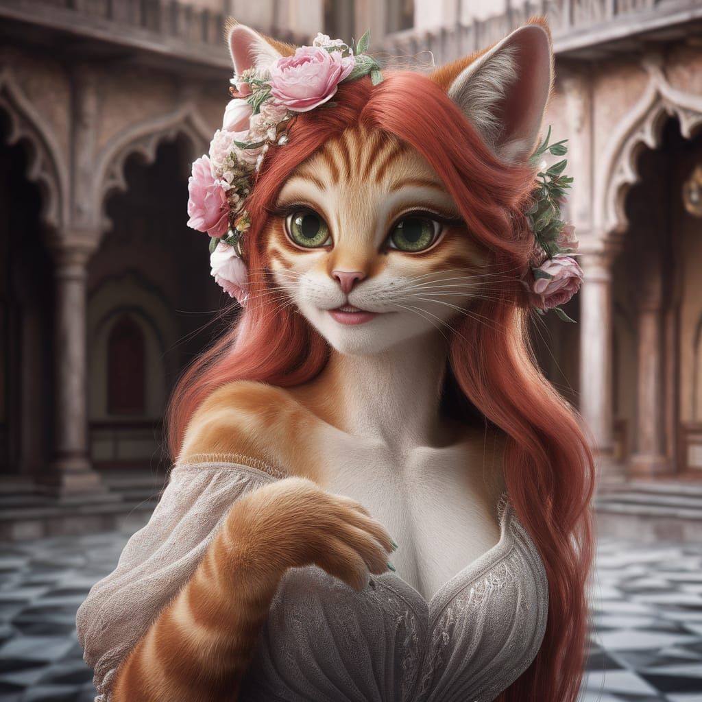 Ethereal Cat-Person in Golden Gown