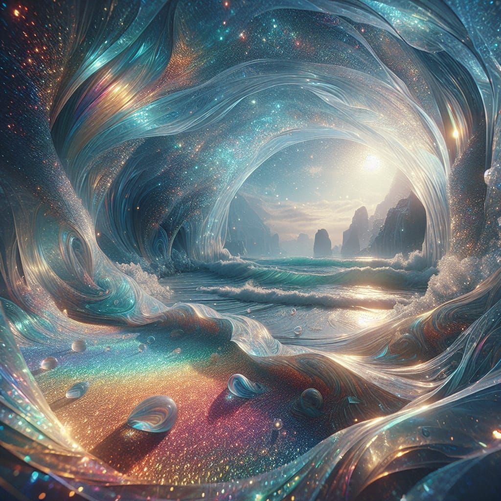 Iridescent Rainbow Beach in Ethereal Fantasy Art Style