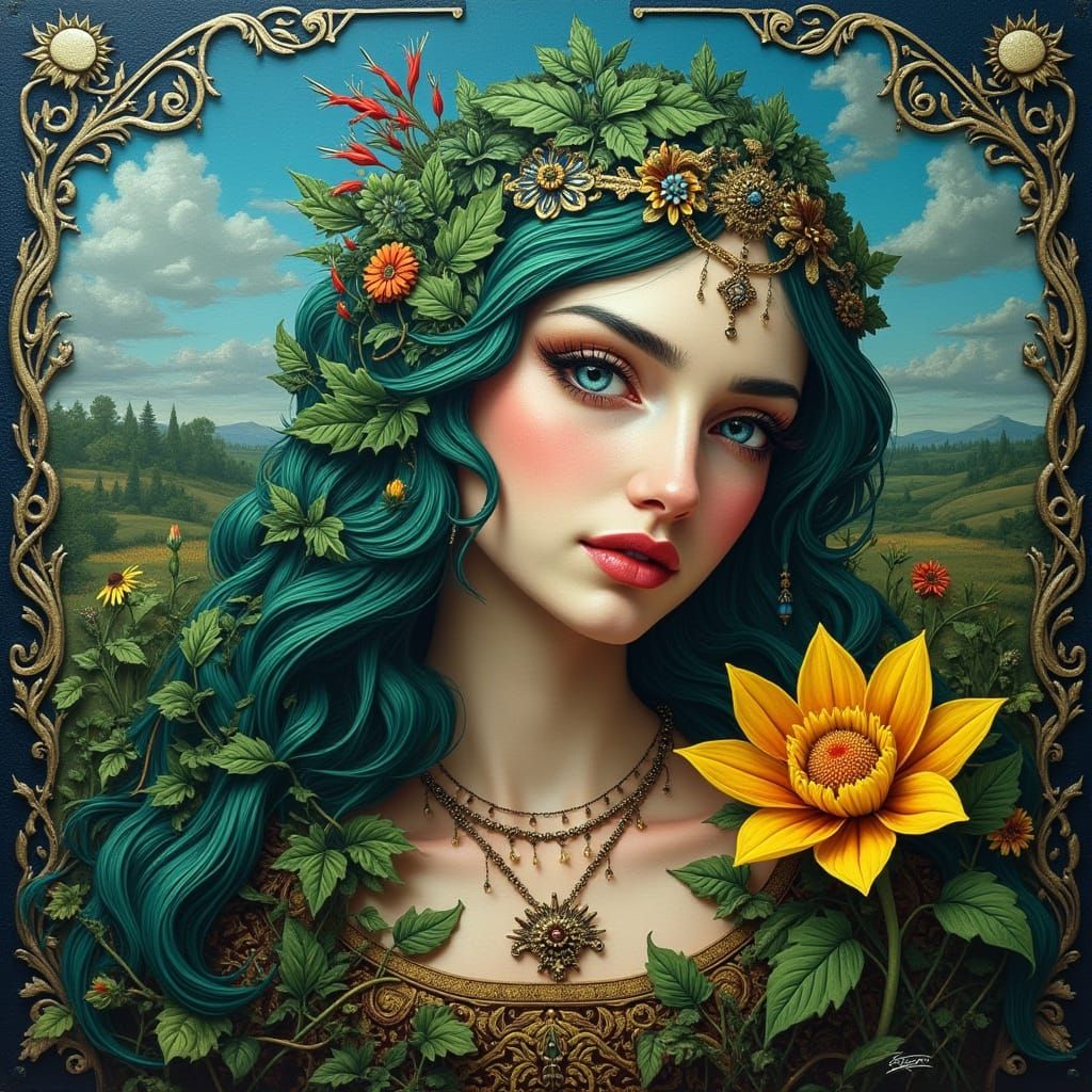 Woman with Teal Hair and Yellow Flower, Realistic Mosaic Sty...