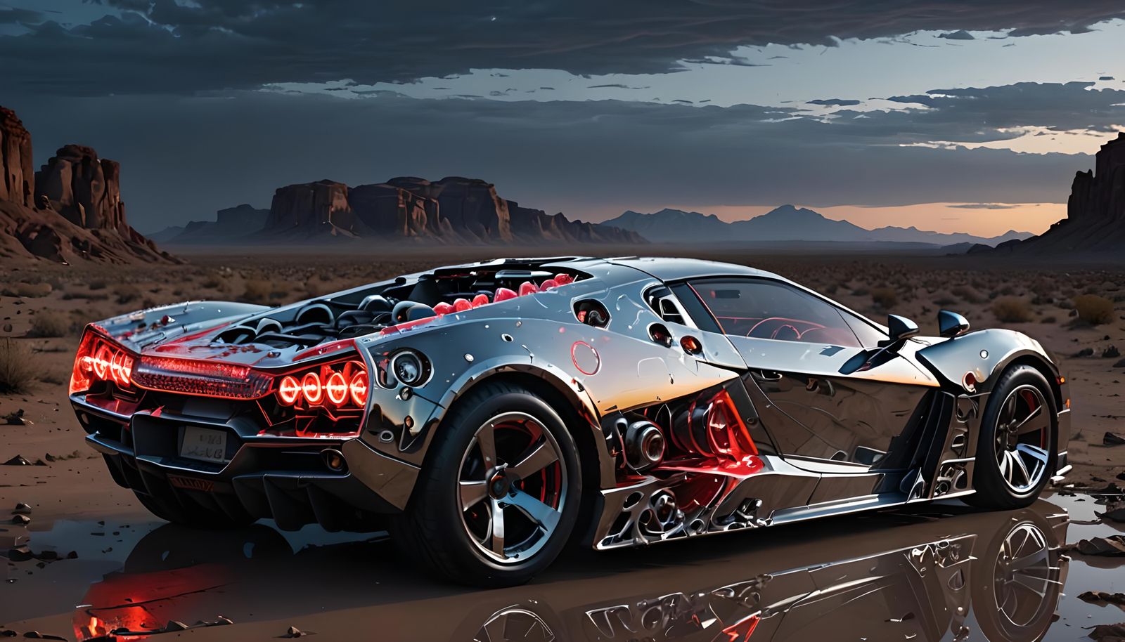 Transparent Cyberpunk Car in Bleak Desert Landscape