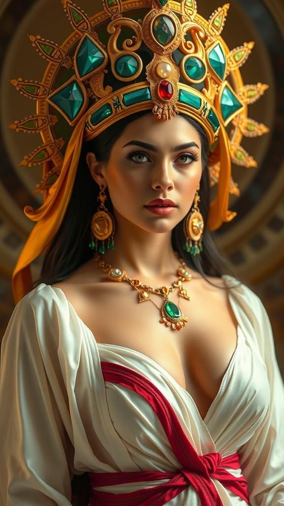 Vibrant Goddess with Emerald Headdress in Filmic Style
