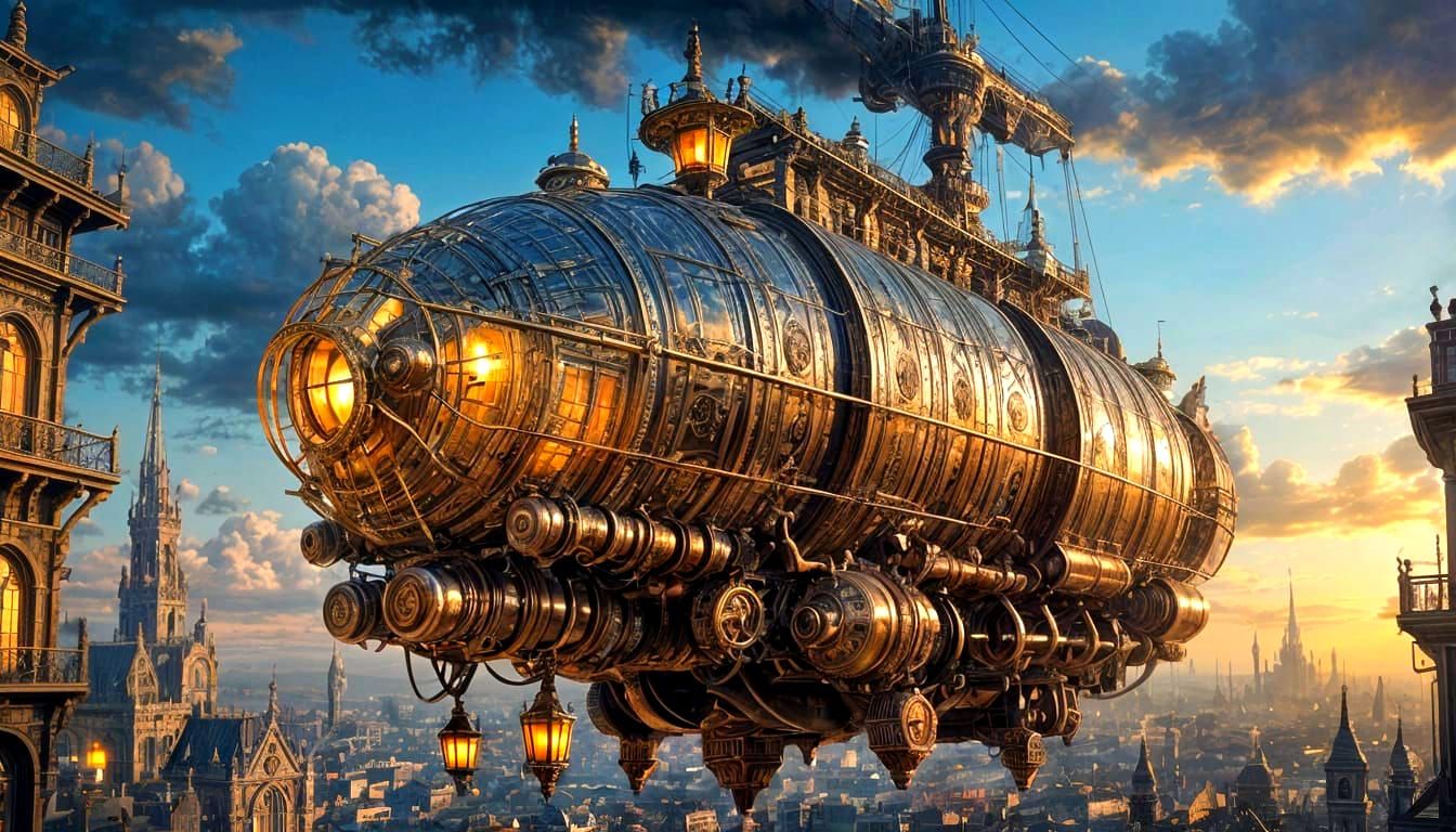 Steampunk Airship Over Fantastical City in Hyperrealism