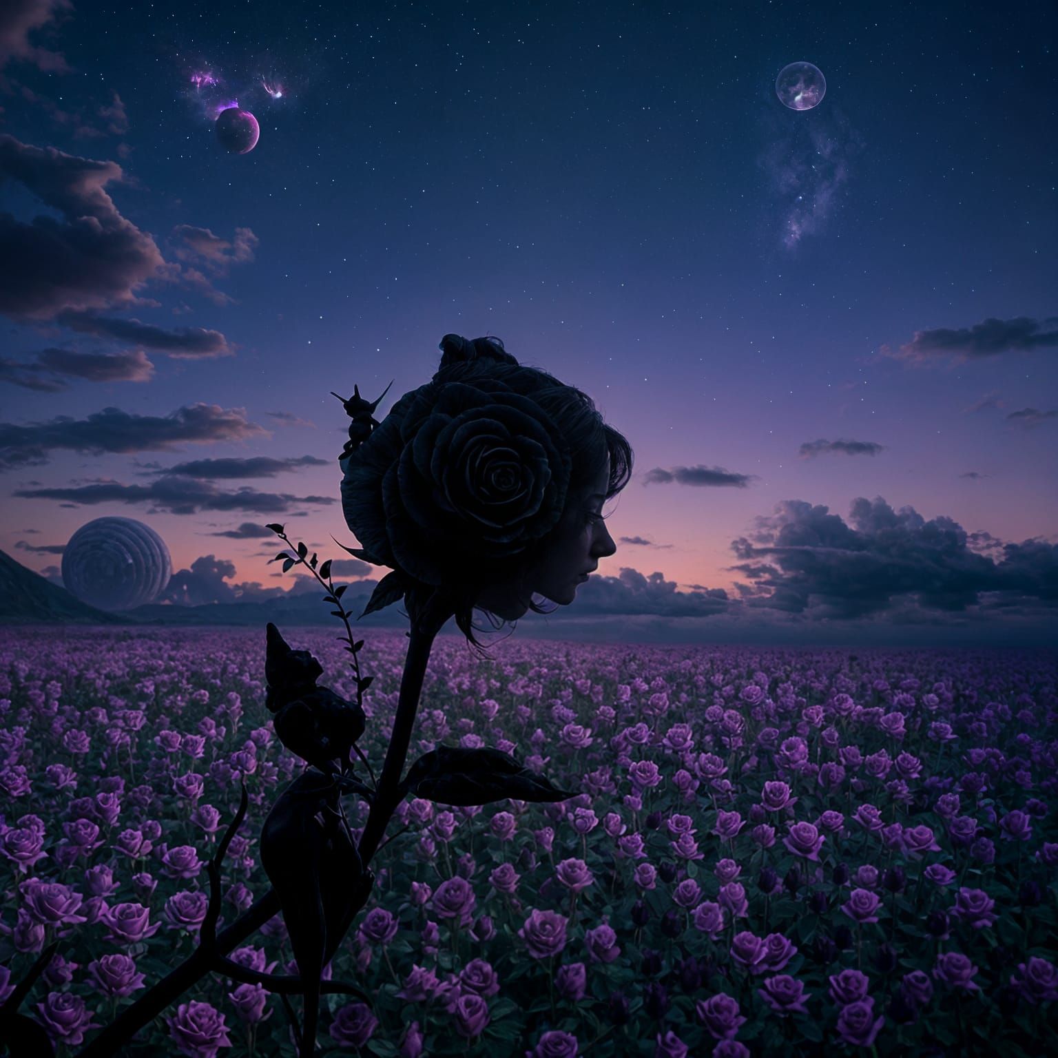 Surreal Rose Silhouette with Silver and Purple Figurines