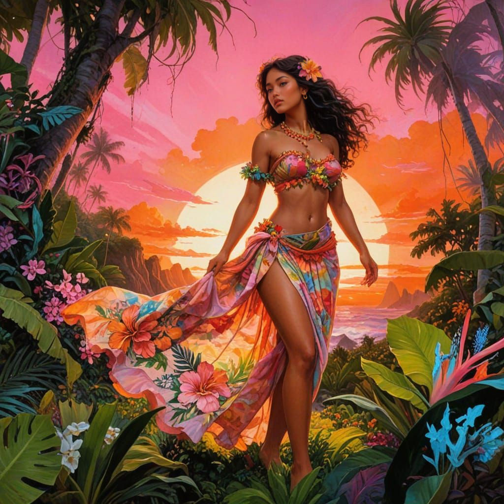 Hawaiian Hula Dancer at Sunset Sky as Oil on Canvas