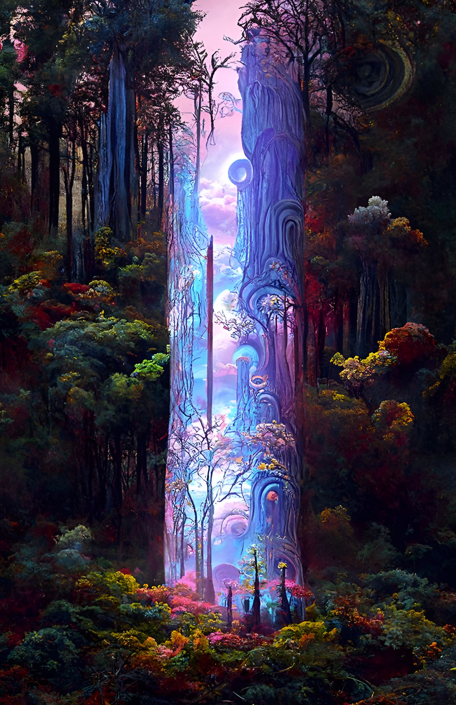 Psychedelic Sci-Fi Tower in Mystical Woods