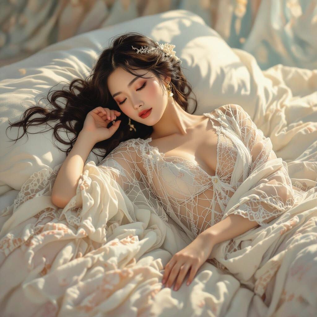 Asian Woman in Netted Garment, Art Nouveau Style