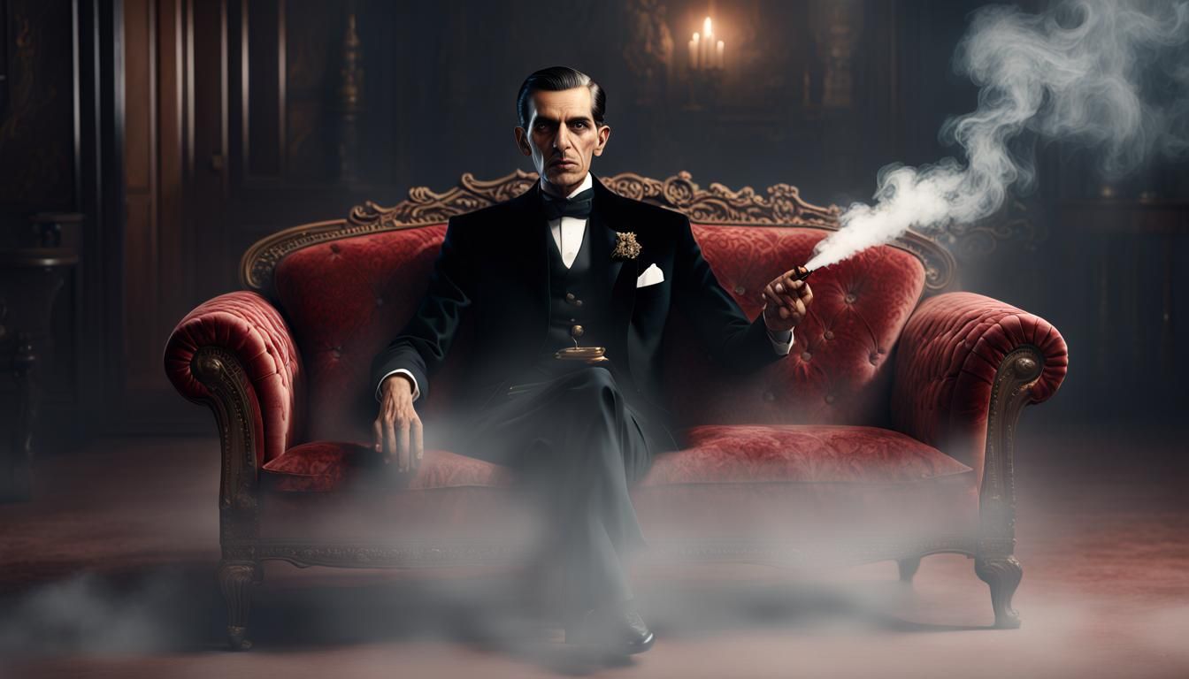 Hyper Realistic Quaid E Azam Sitting on a Velvet Sofa Wearing Black Sherwani Smoking Cigar in a foggy Dark Room