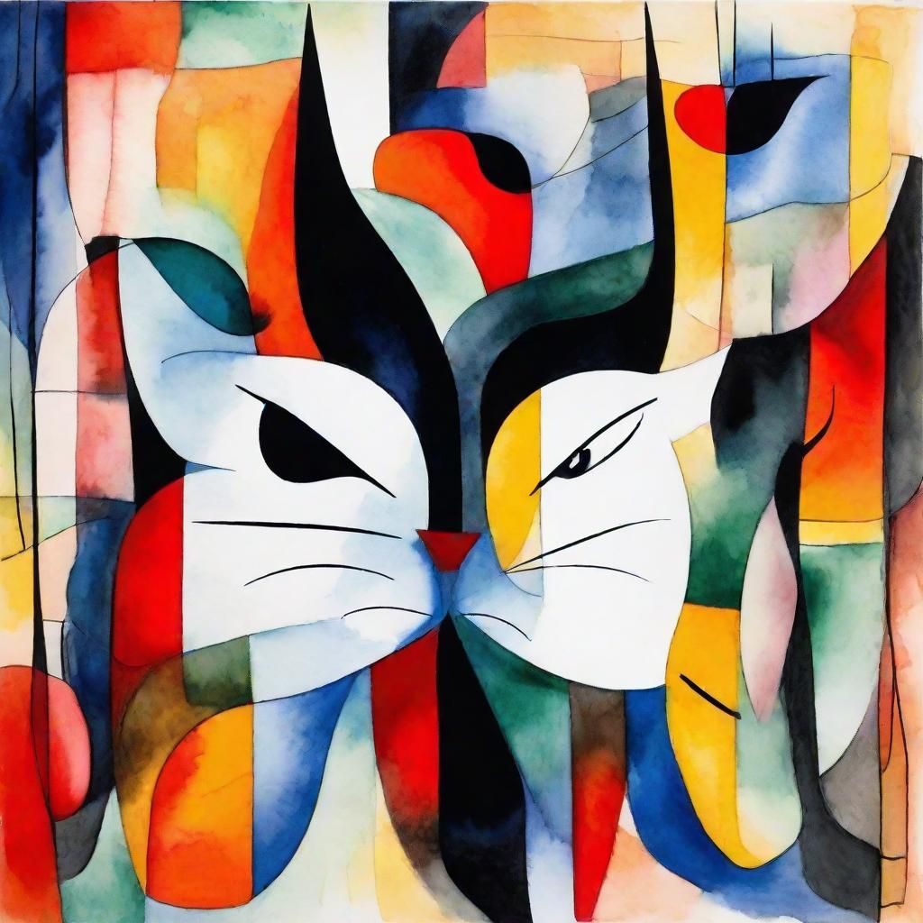 Cubist Cats in Vivid Watercolor, Miro-Inspired Art