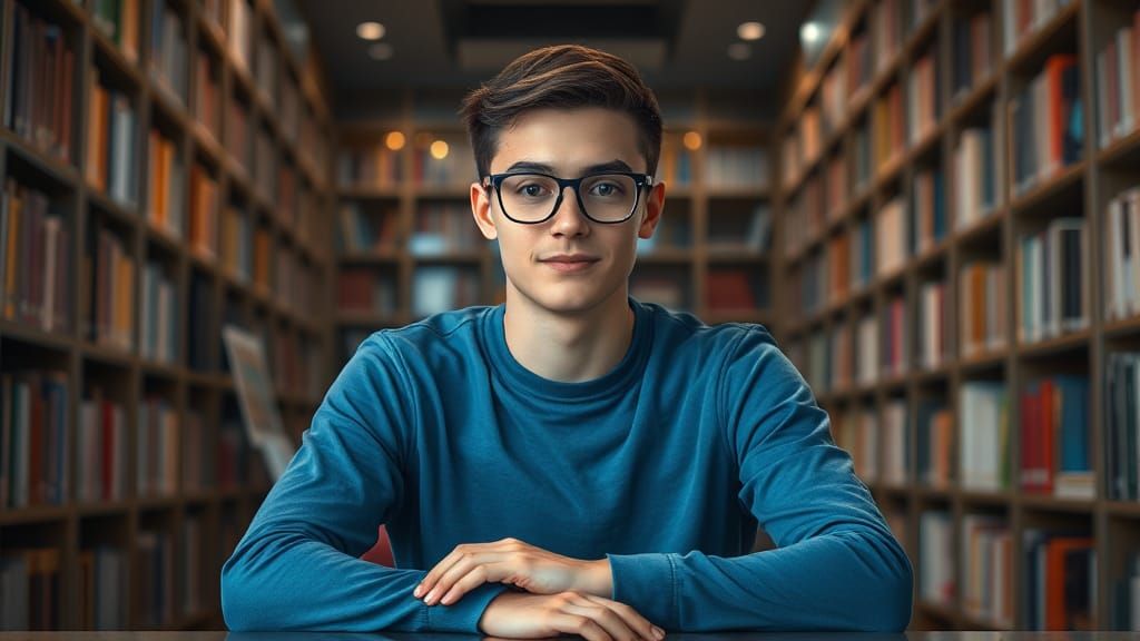American Male in Office with Bookshelves, Photorealistic Sty...