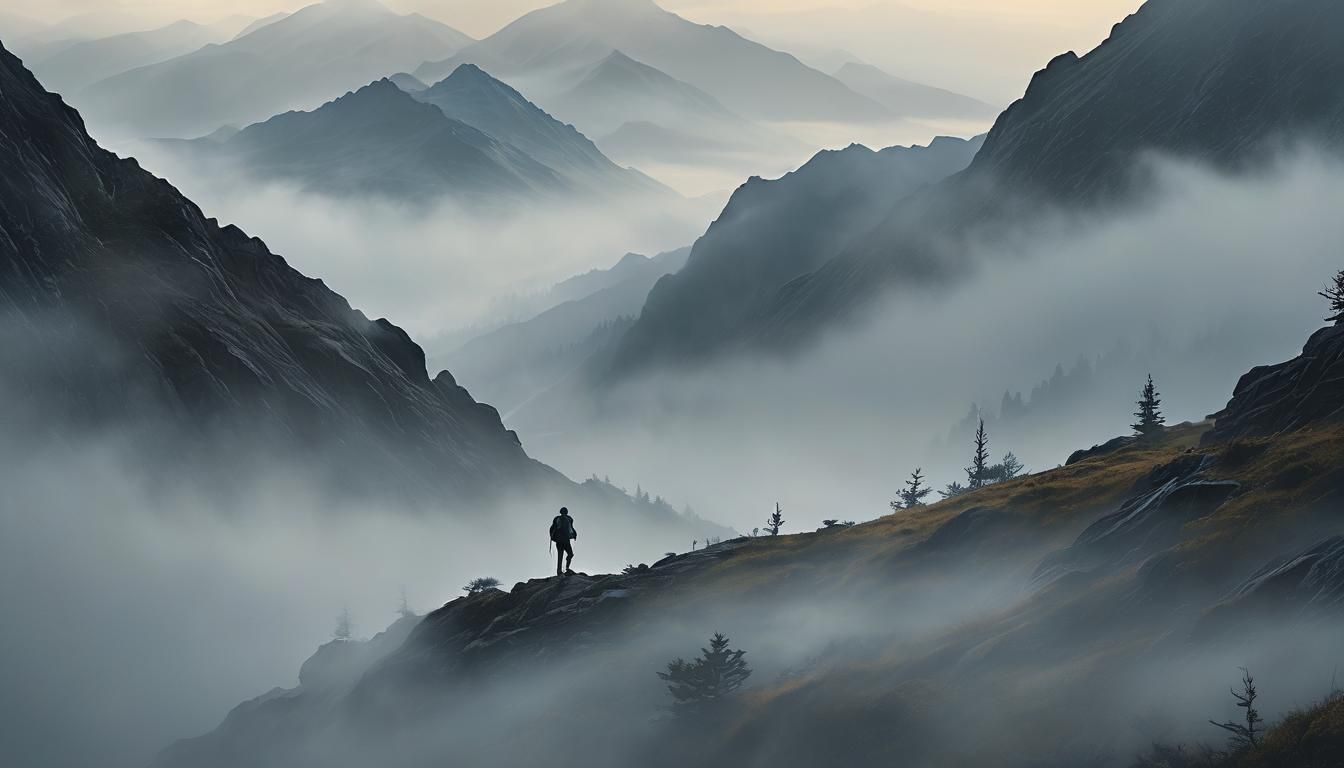 Misty Mountain Hiker in Atmospheric Landscape
