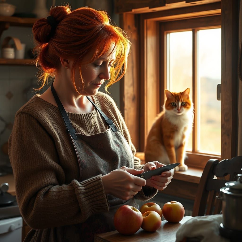 Warm Irish Countryside Scene with Red-Haired Woman and Cat