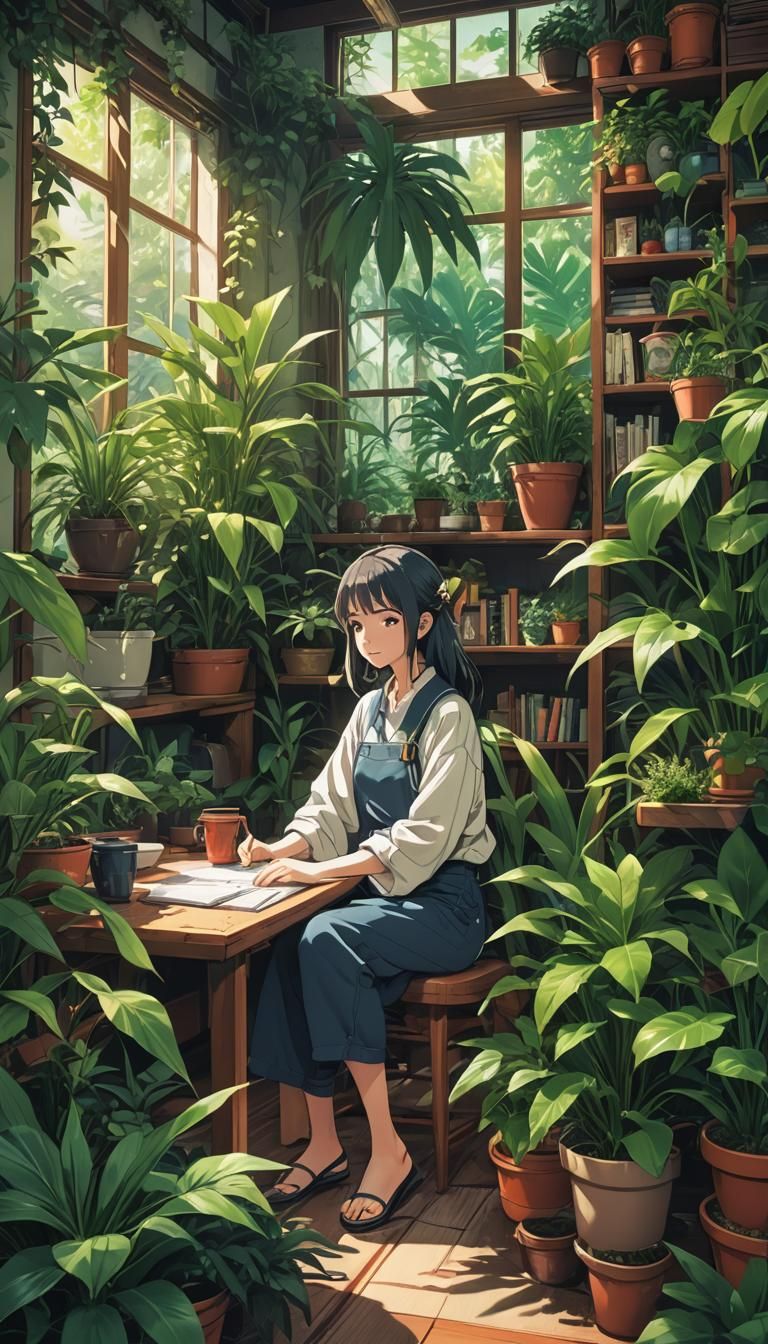 Anime Woman Amongst Lush Indoor Plants