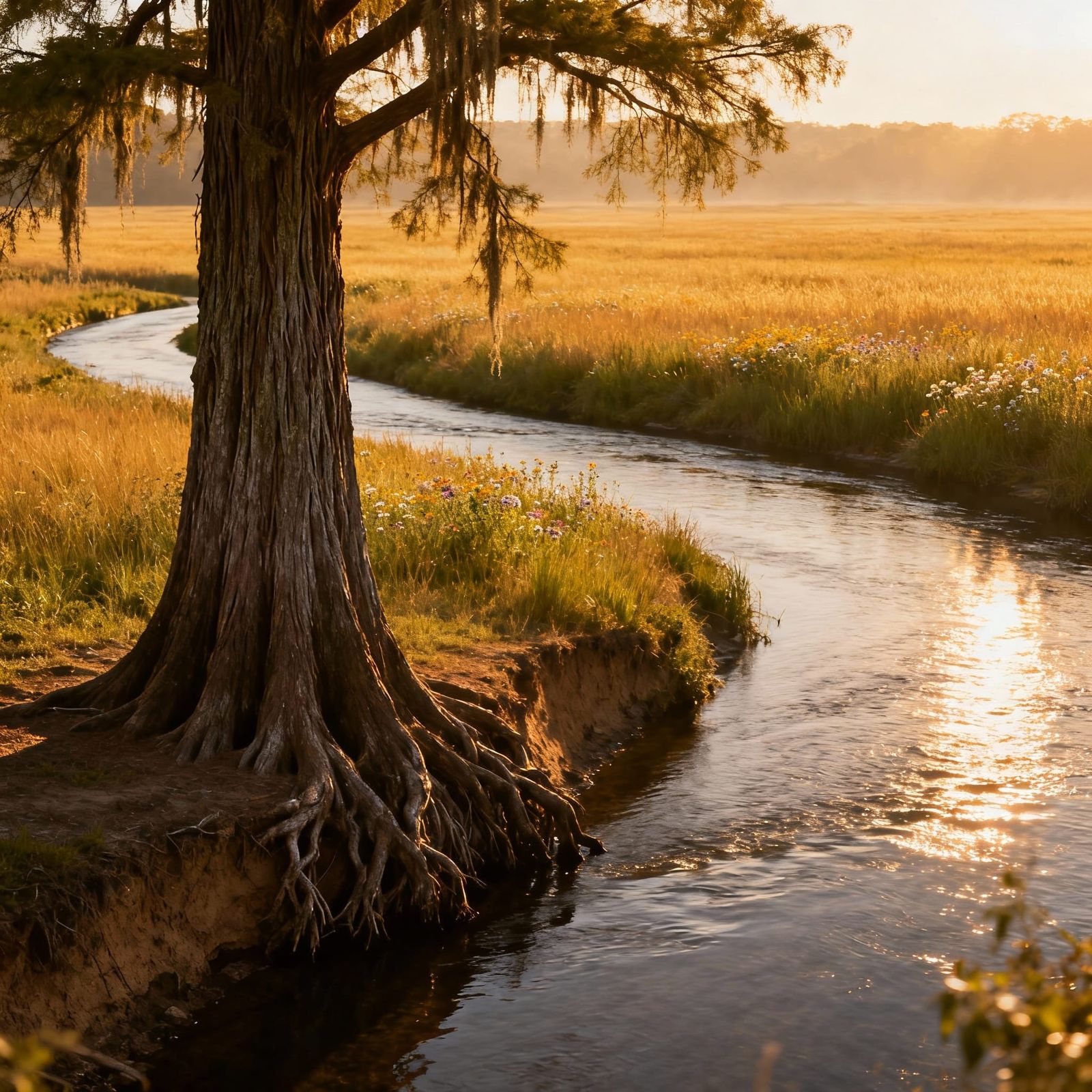 Majestic Bald Cypress by River in Golden Hour Light