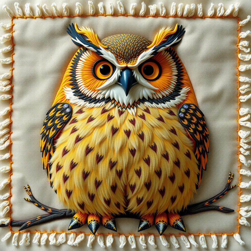 Hand-Embroidered Owl in 8K UHD Hyperrealism
