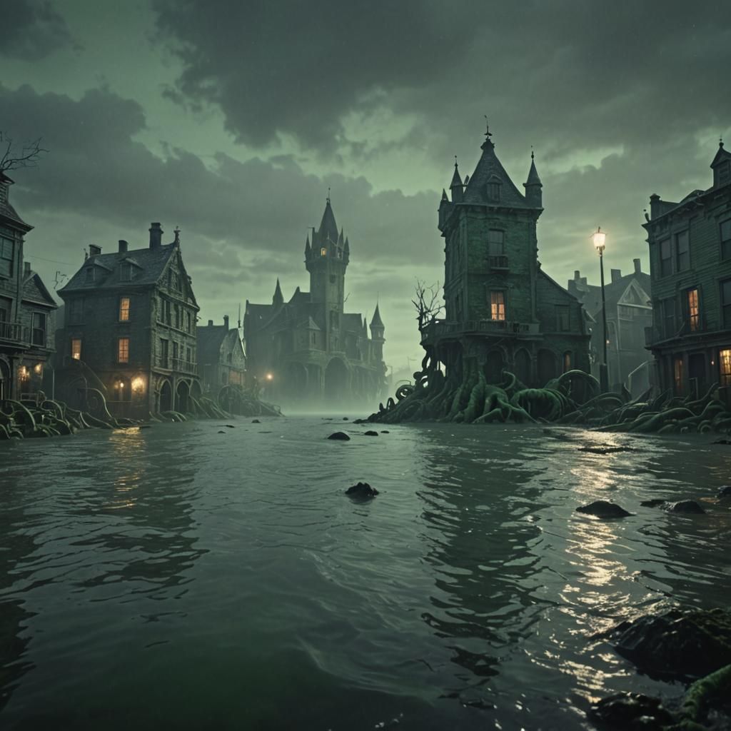 Eerie Sinking City with Glowing Tentacles, in Rutkowski Styl...