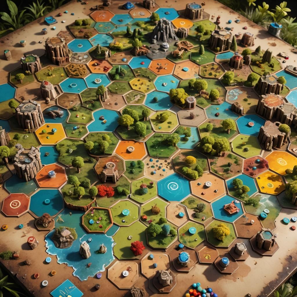 Detailed Board Game Setup with Colourful Terrain