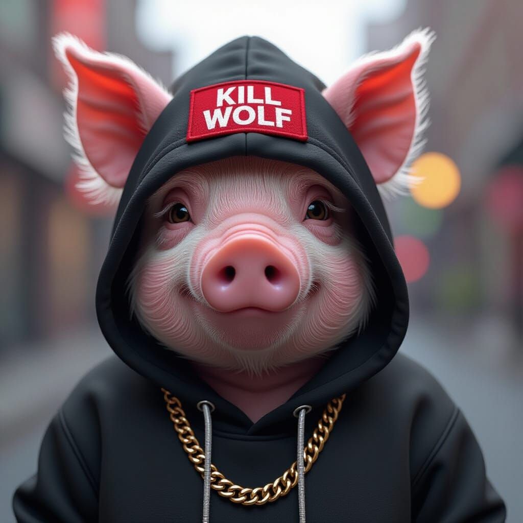 Anthropomorphic Pig in Hoodie with Gold Chain