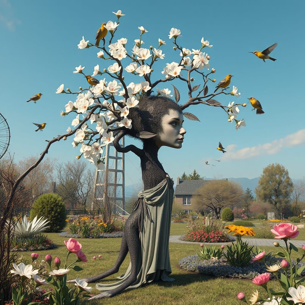 Woman-Tree Hybrid in Spring Garden: Surreal 8k Art