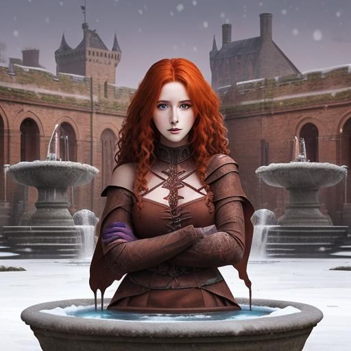 Pretty Red-Haired Maiden in Snowy Castle Courtyard