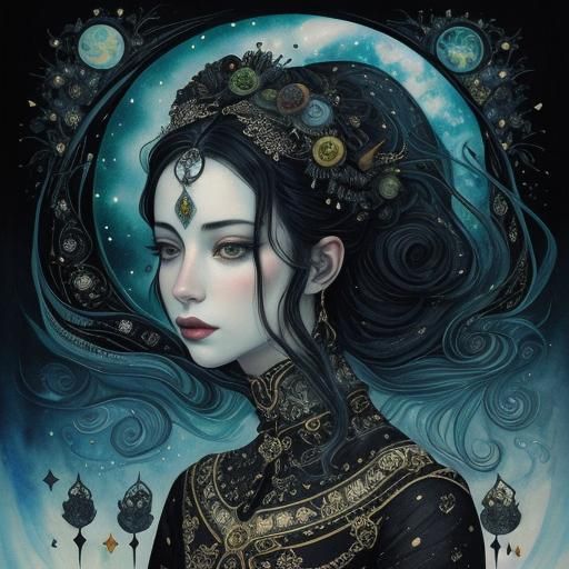 Lady Night: Dreamlike Watercolor and Ink Illustration