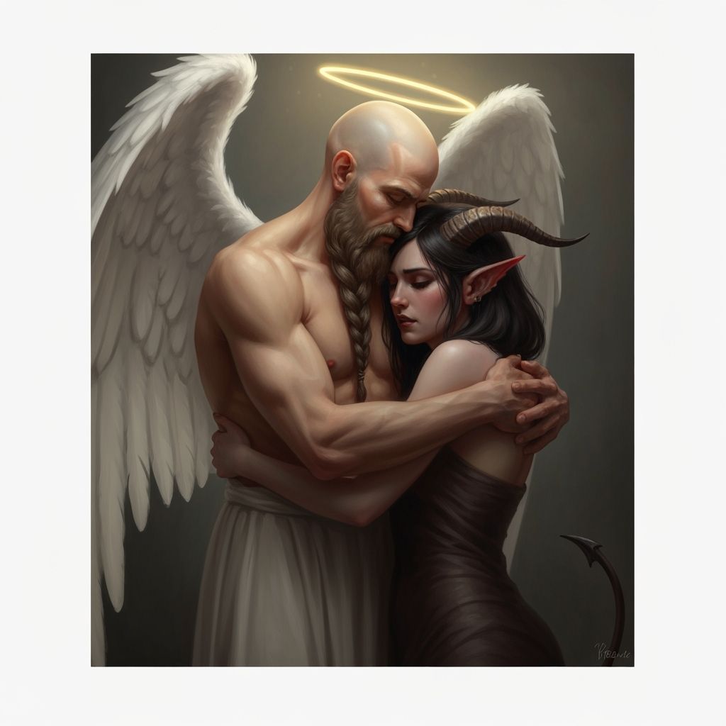 Angel and Demon Embrace in Romantic Painterly Style