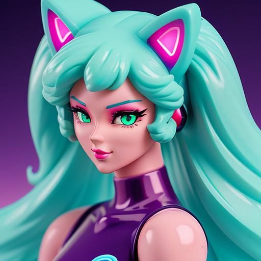 Synthwave Cat Girl Figurine in Neon Retro Style