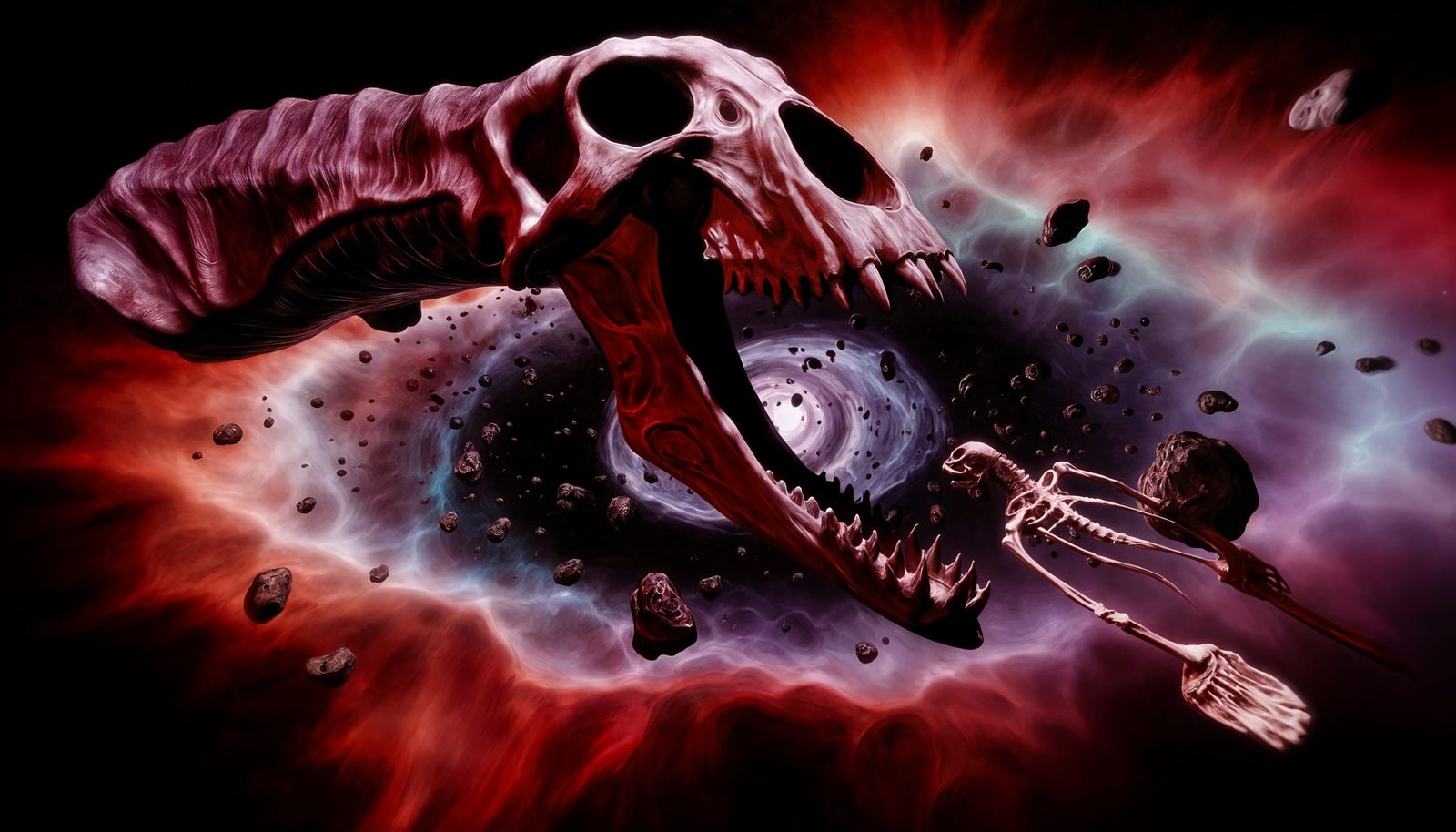 Surreal Skull and Skeleton of a Vast Leviathan in an Iridesc...