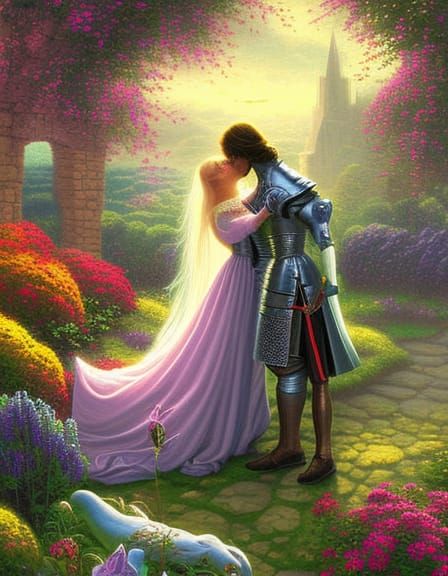 Romantic Kiss Painting: Knight and Victorian Lady
