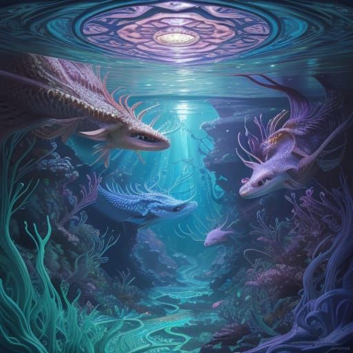 Axolotls in a Vibrant Art Nouveau Underwater Cave