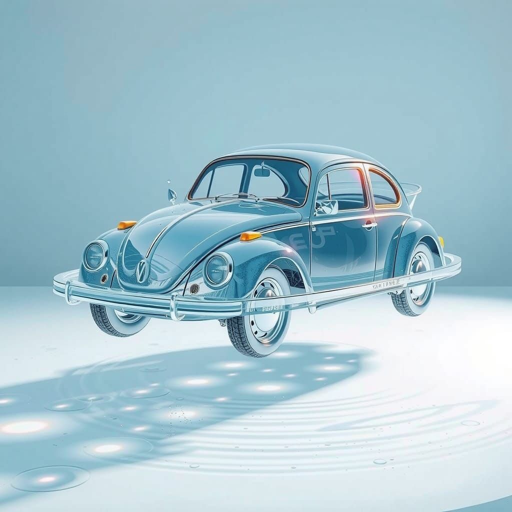 Surreal Water Fountain with Beetle Sculpture in Mid-Air