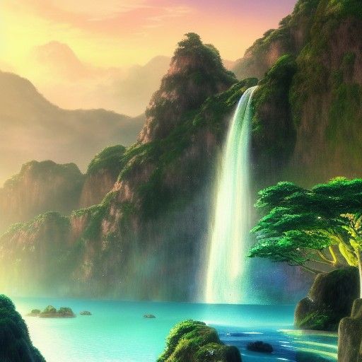 Magical Coastal City with Waterfall, Studio Ghibli Anime