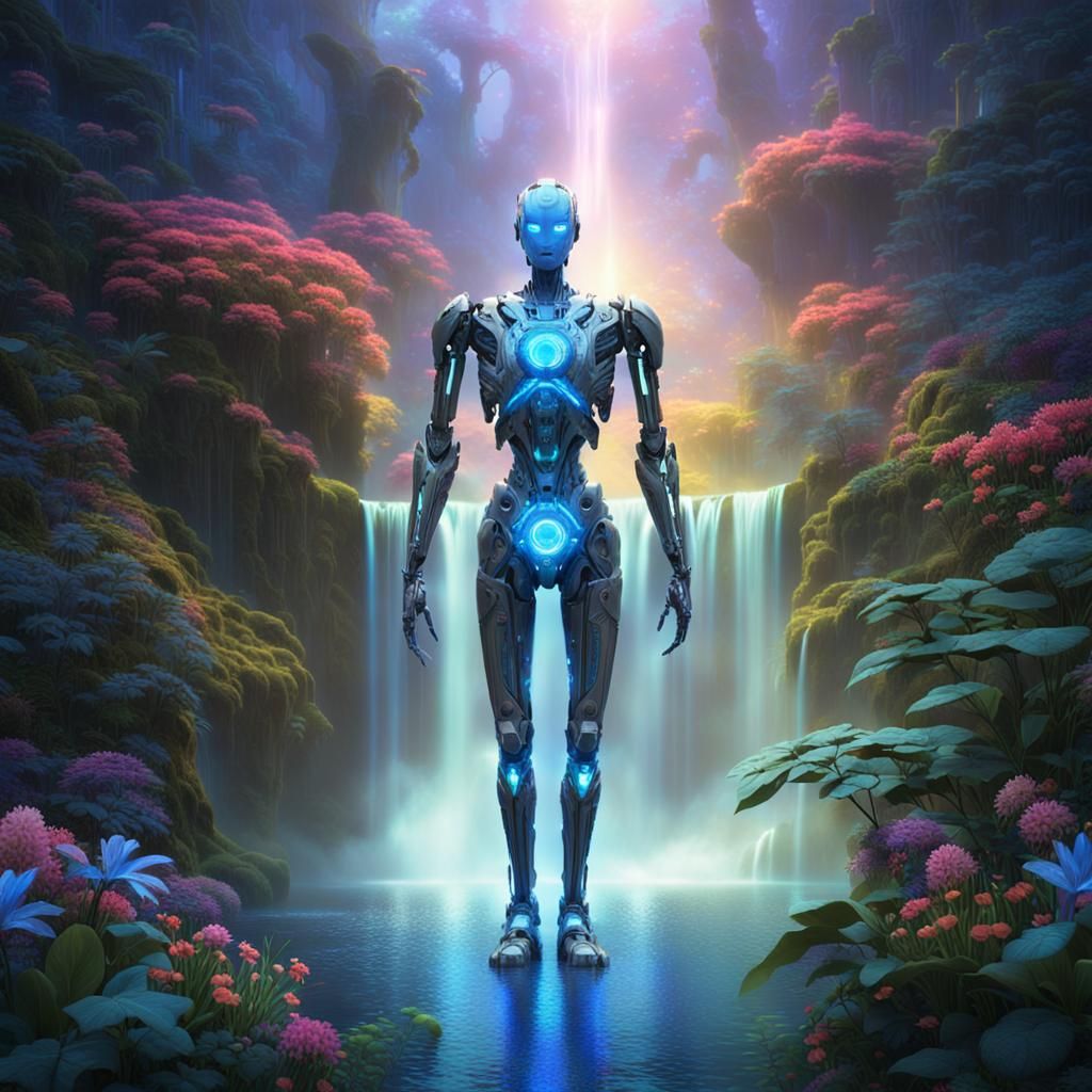 Robotic Figure at Iridescent Waterfall in Fantasy Landscape