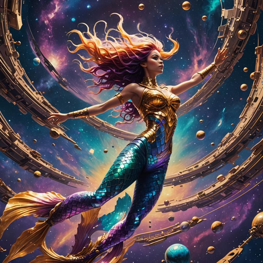 Retro-Futuristic Mermaid in Space, Digital Painting