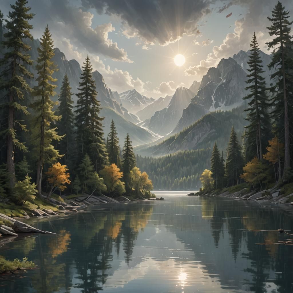 Hyperrealistic Forest Landscape with Lake and Mountains