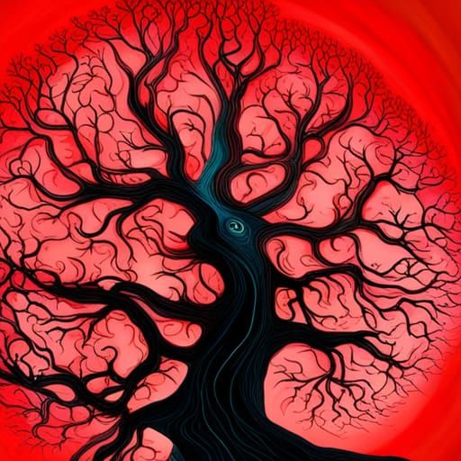 Bewitching red tree, glowy full moon, in the art style of O'Hara kosan, ayami Kojima, Jeffrey Catherine Jones. Graceful ...