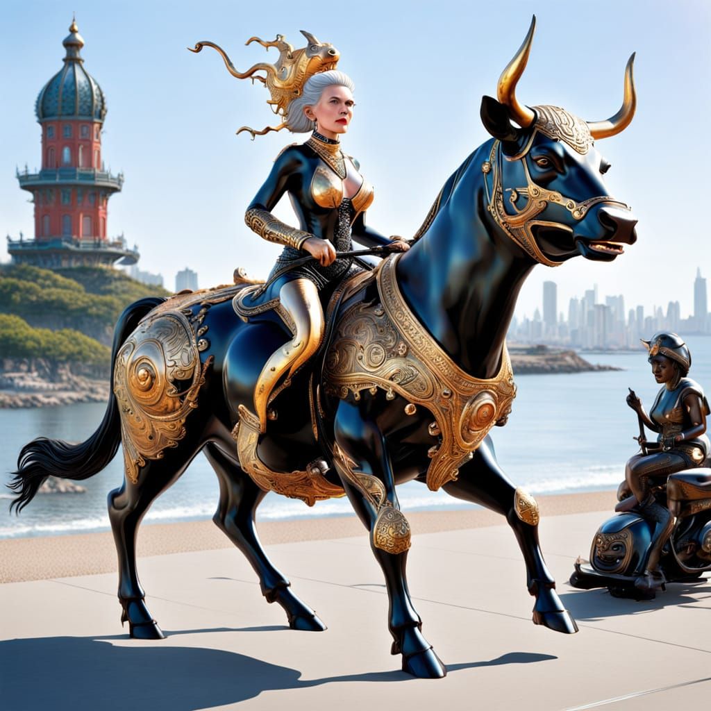 Punk Lady Rides Magical Cow Warrior in Urban Landscape