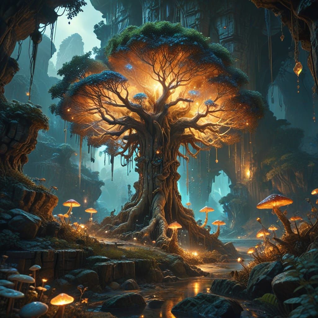 Ancient Tree in Crystal Canyon: Surreal Concept Art