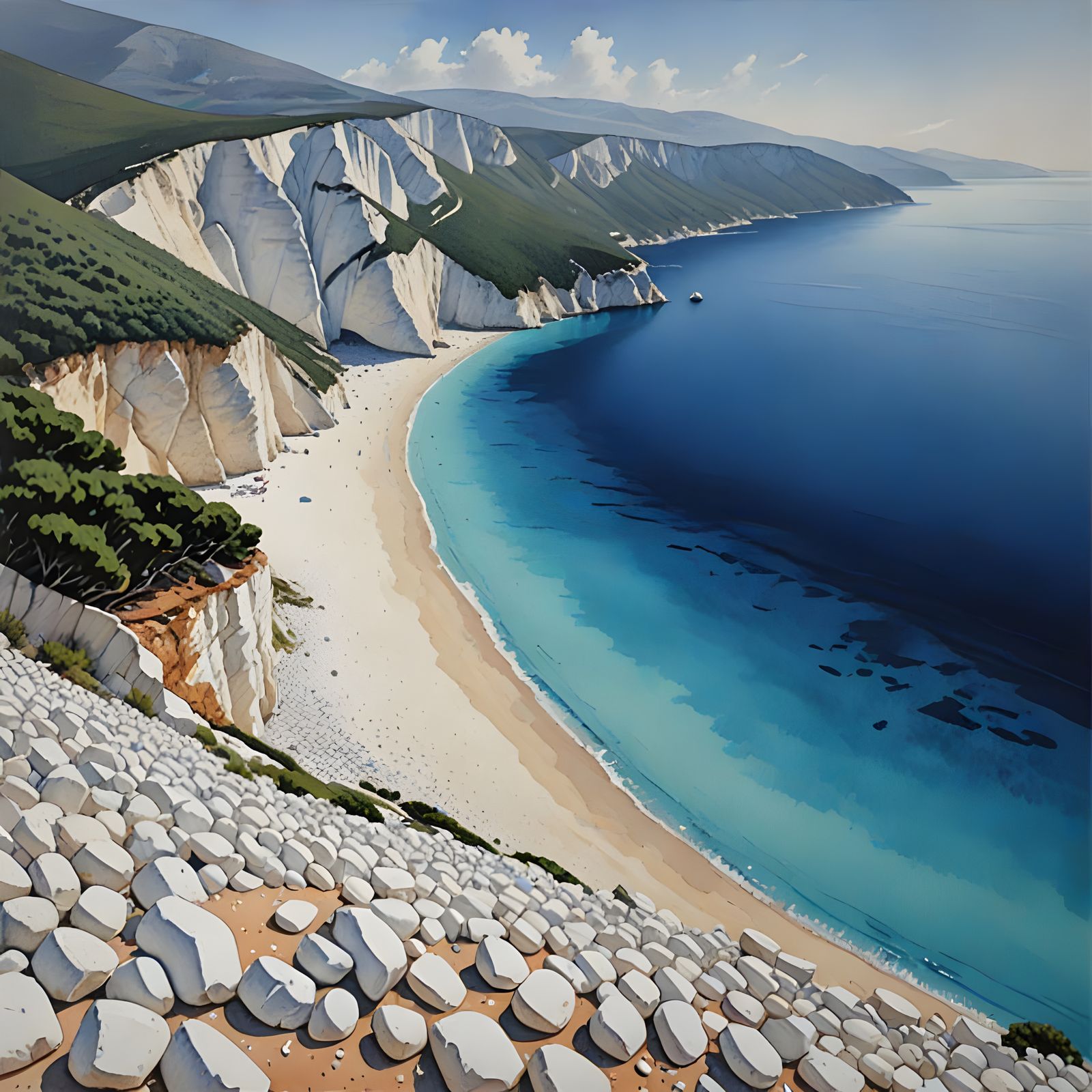 Surreal Watercolor Painting of Greek Beach with Dramatic Whi...