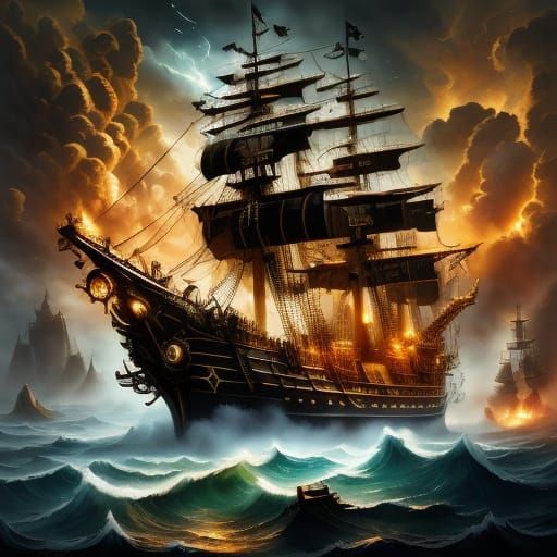 Spectral Galleon on Molten Gold Sea