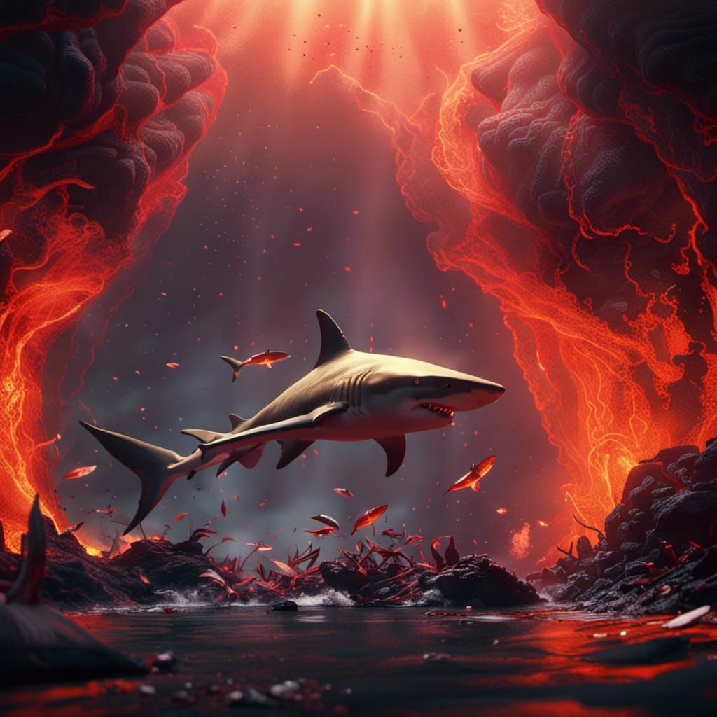 Shark Feeding in Lava: Detailed Fantasy Art