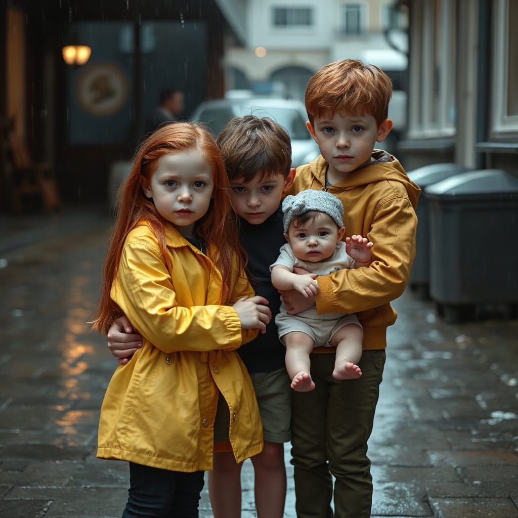 Children Huddle in Rain, Cinematic Film Still