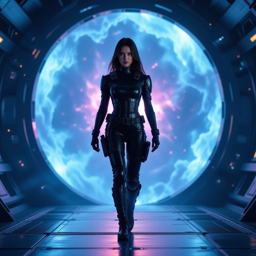 Determined Woman Steps Through Quantum Rift