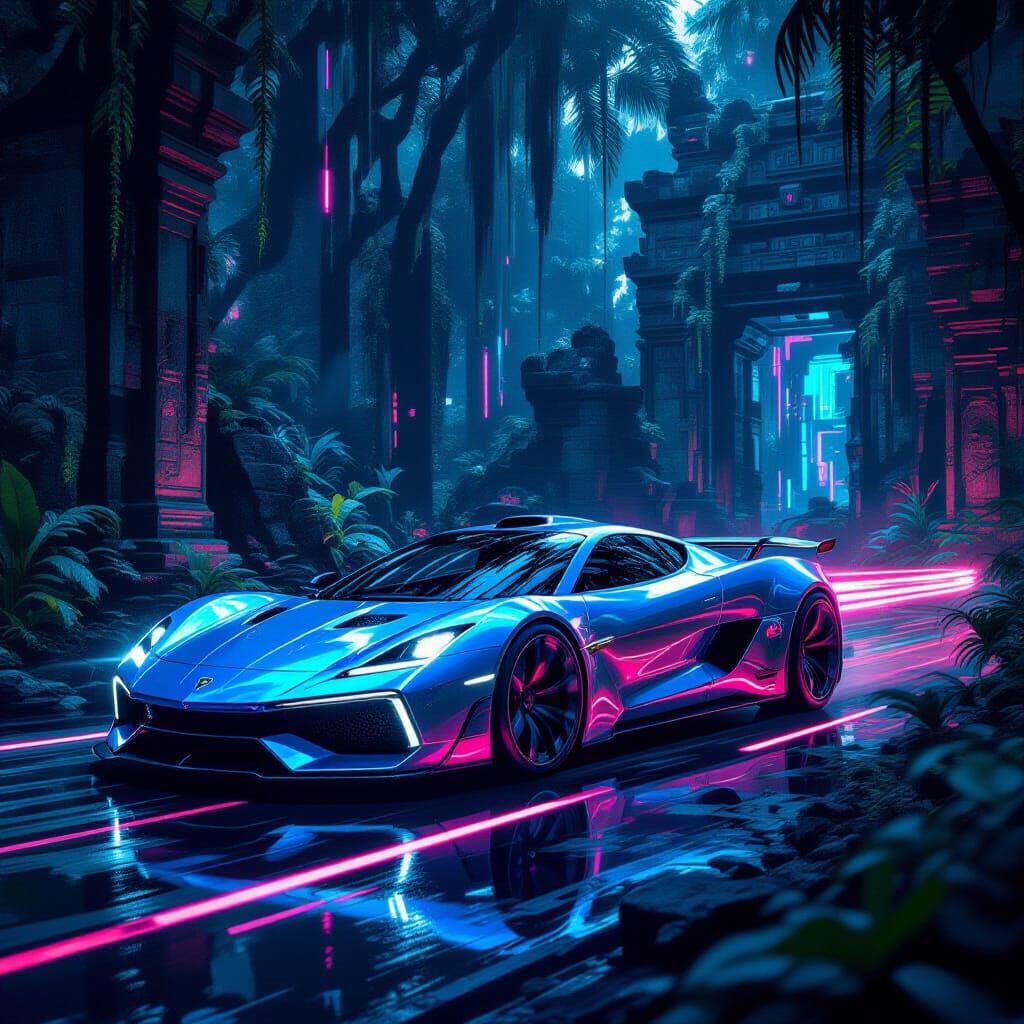 Futuristic Car in Bioluminescent Jungle, Cyberpunk Style