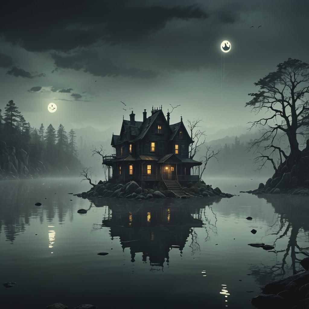 Haunted Lakeside House with Ghostly Lights, in Gothic Style