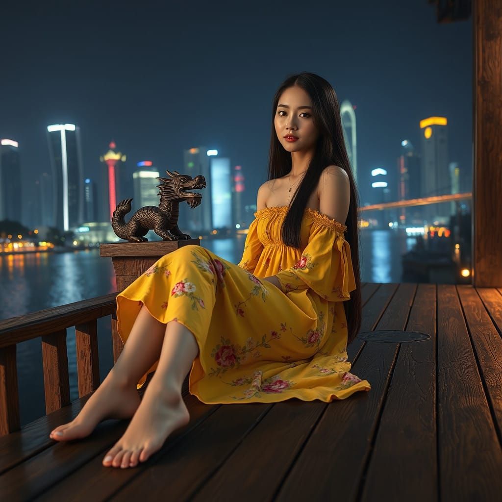 Elegant Young Asian Woman on Wooden Deck at Night