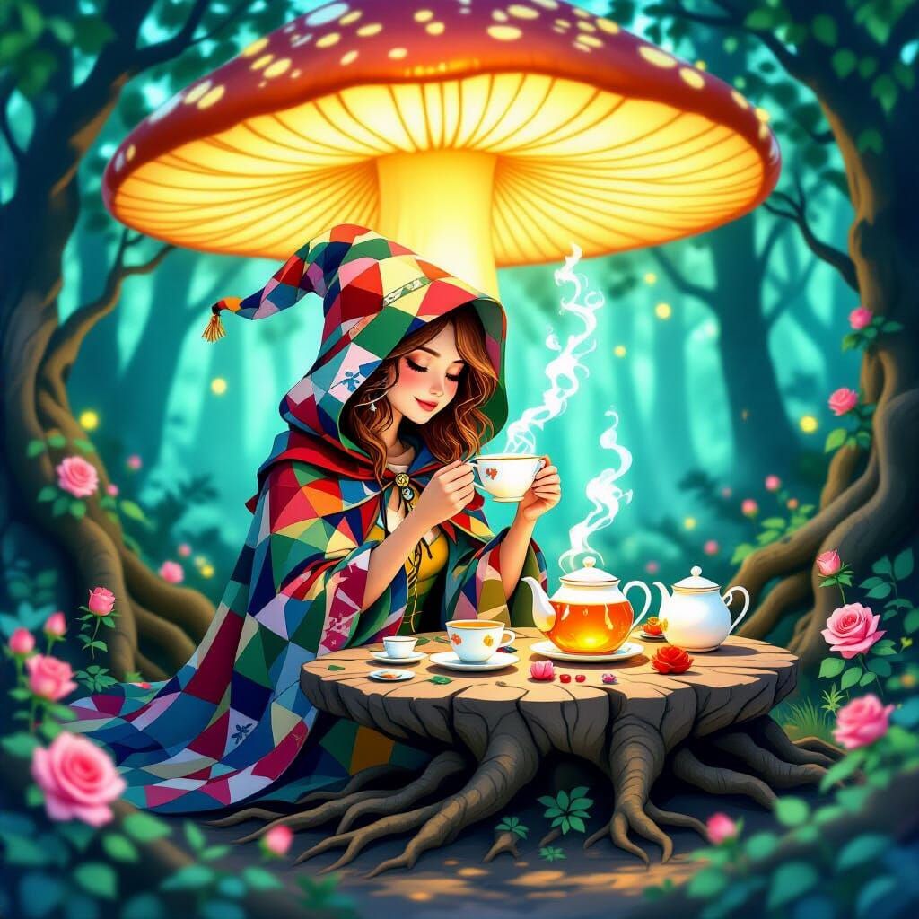 Enchanting Forest Witch's Tea Party in Watercolor Style