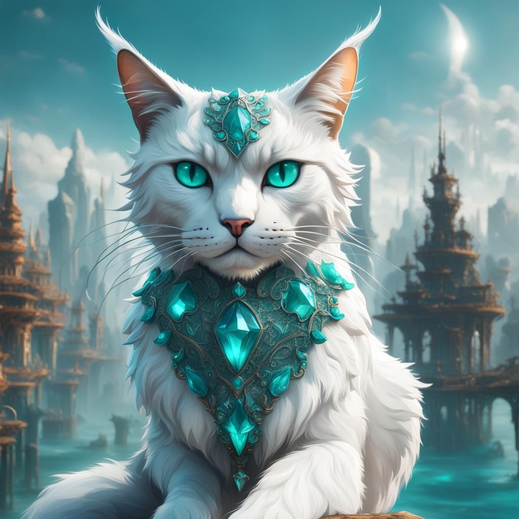 White and Teal Crystal Cat in Detailed Matte Painting