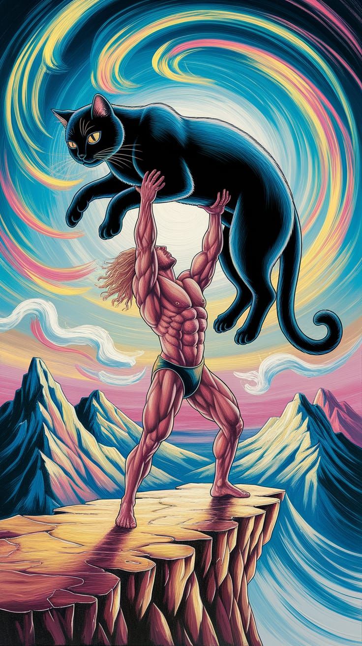 Heroic Bodybuilder Lifts Magical Cat in Dramatic Neo-Impress...